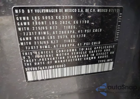 2018 Volkswagen Tiguan 2.0T S from USA, damaged, VIN 3VV0B7AX9JM016003